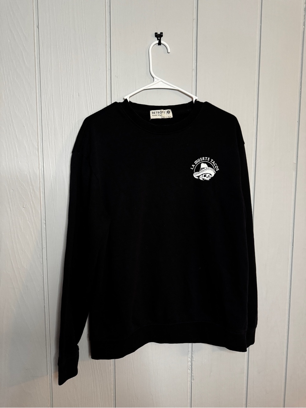 Retrofit Black Crewneck Sweatshirt with White La Huerta Taco Logo